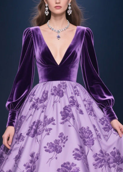 Deep V-Neck Puff Sleeve Floral Print Lace Trim High-Low Velvet Gown