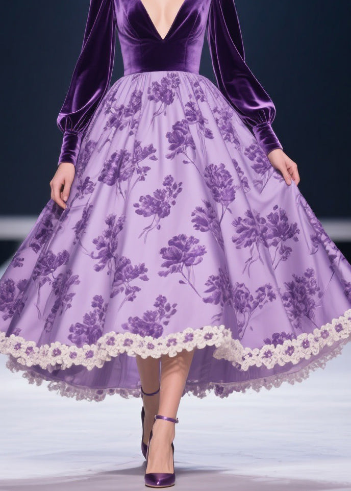 Deep V-Neck Puff Sleeve Floral Print Lace Trim High-Low Velvet Gown