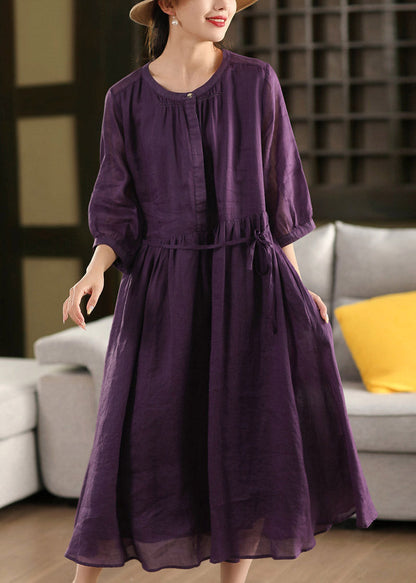 Round Neck Button Placket Drawstring Empire Waist Linen Maxi Dress