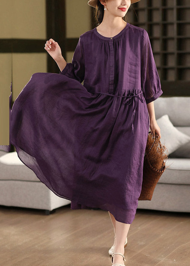 Round Neck Button Placket Drawstring Empire Waist Linen Maxi Dress