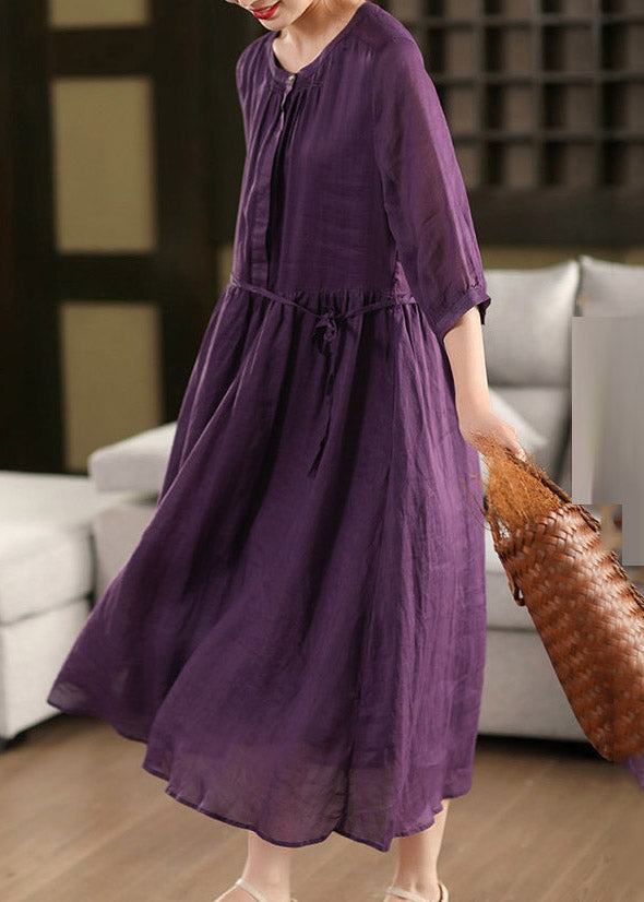 Round Neck Button Placket Drawstring Empire Waist Linen Maxi Dress