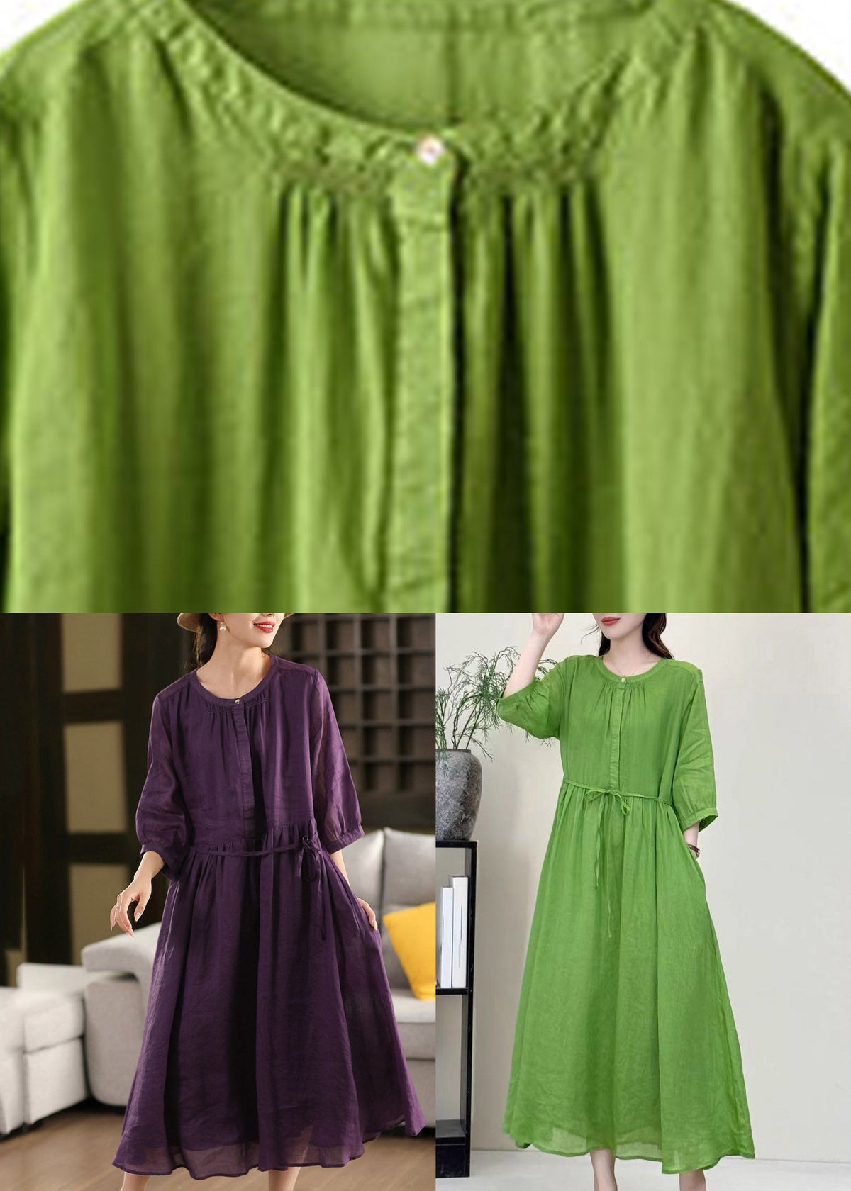 Round Neck Button Placket Drawstring Empire Waist Linen Maxi Dress