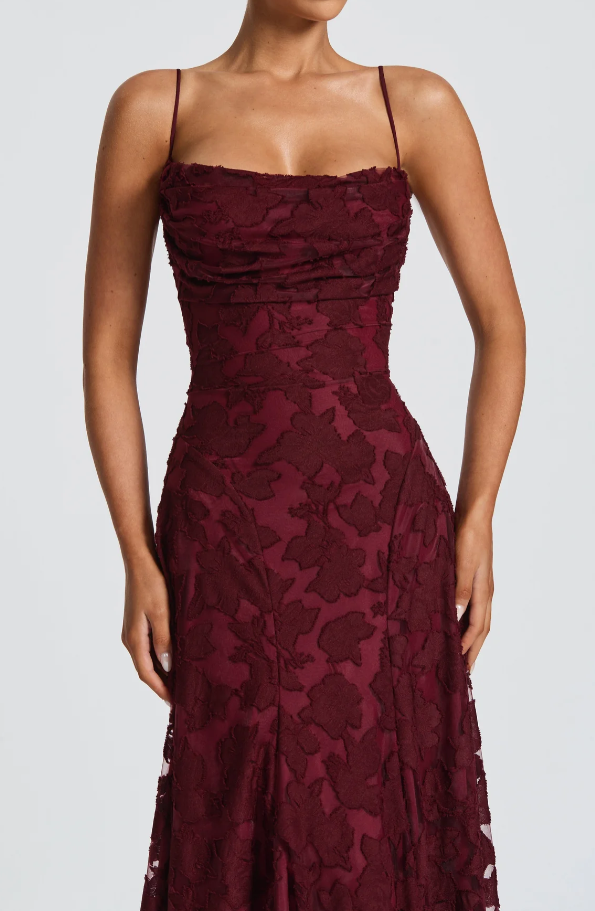 Cowl Neck Spaghetti Strap Floral Burnout Maxi Gown