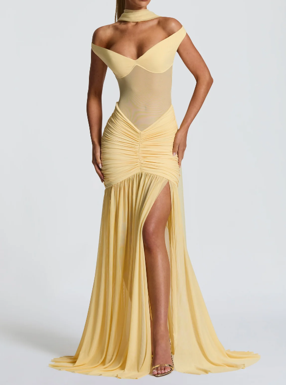 Off Shoulder Sweetheart Mesh Panel Ruched High Slit Maxi Dress
