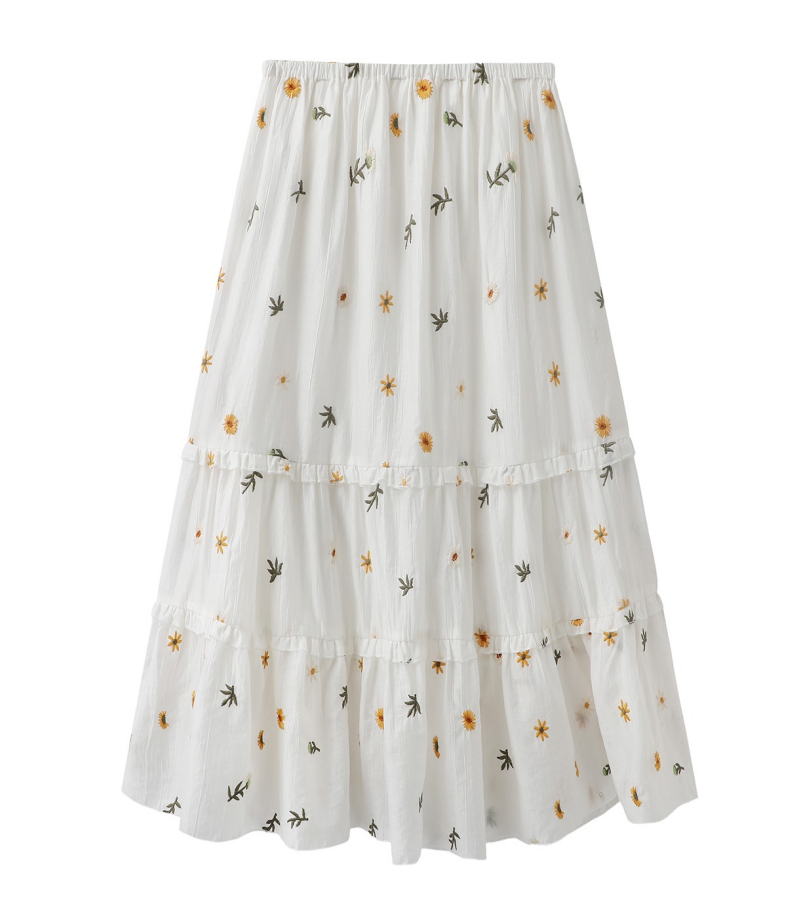Tiered Ruffle Embroidered Floral Elastic Waist Maxi Skirt