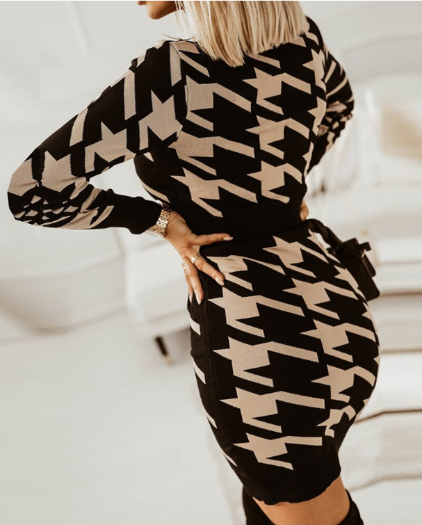 Elegant V Neck Print High Waist Long Sleeve Mini Dress for Women