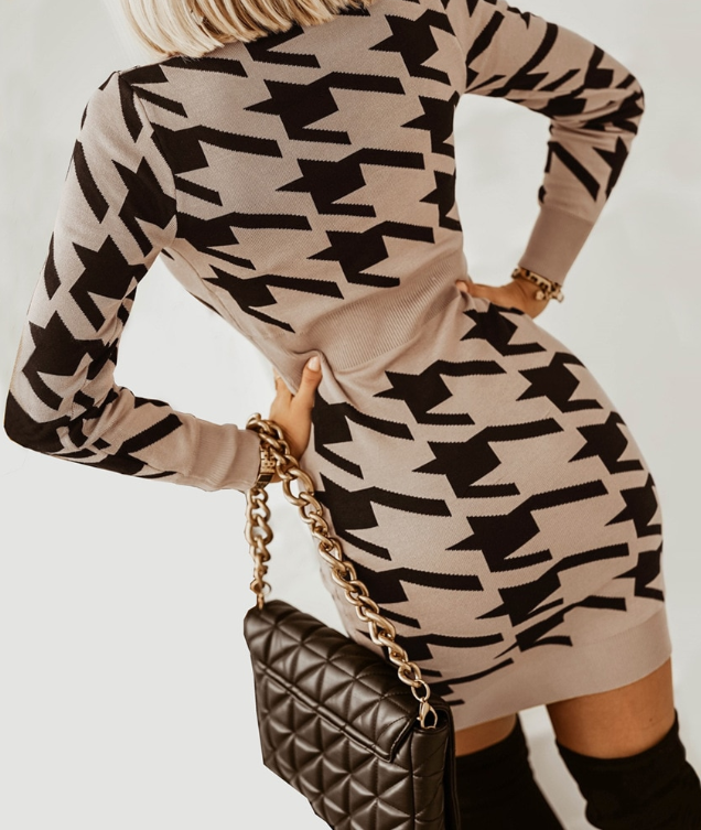 Elegant V Neck Print High Waist Long Sleeve Mini Dress for Women