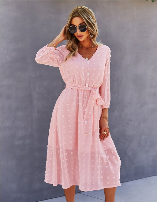 Elegant Half Sleeve Women's Casual V-neck Midi Dress with Buttons