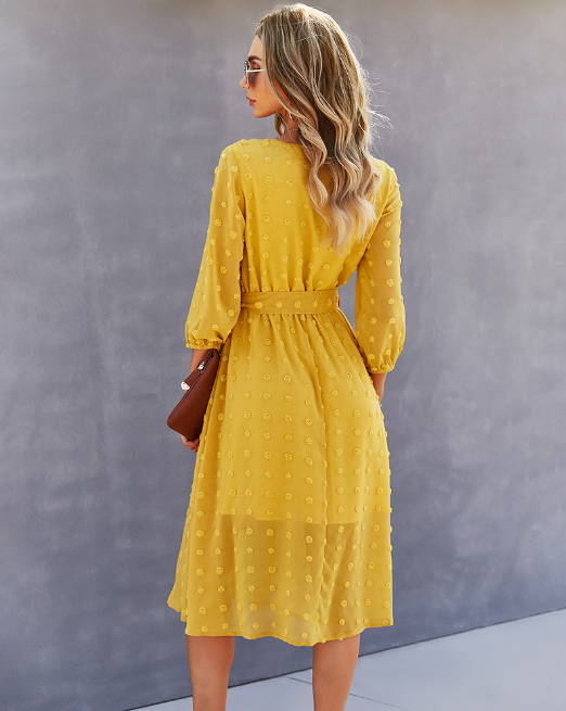 Elegant Half Sleeve Women's Casual V-neck Midi Dress with Buttons