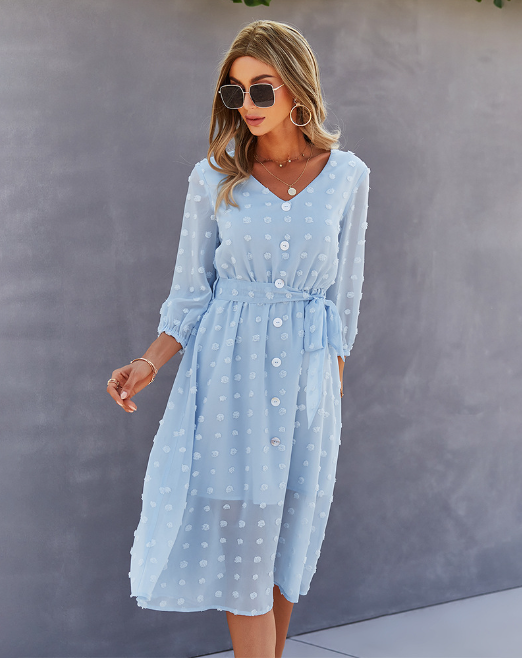 Elegant Half Sleeve Women's Casual V-neck Midi Dress with Buttons