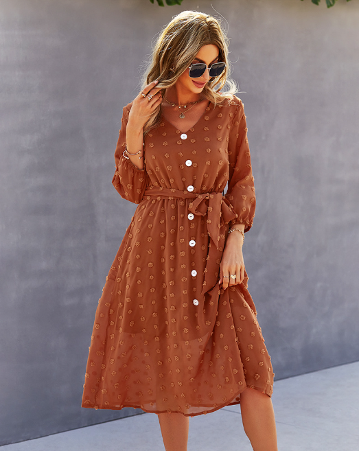 Elegant Half Sleeve Women's Casual V-neck Midi Dress with Buttons