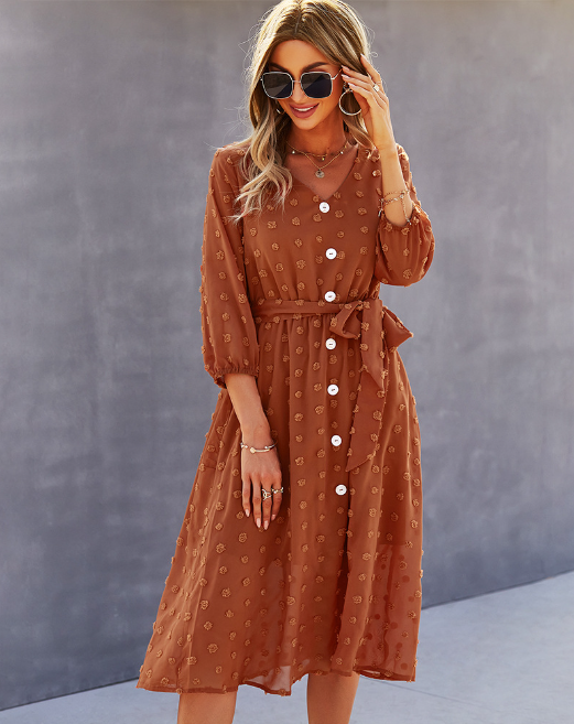 Elegant Half Sleeve Women's Casual V-neck Midi Dress with Buttons