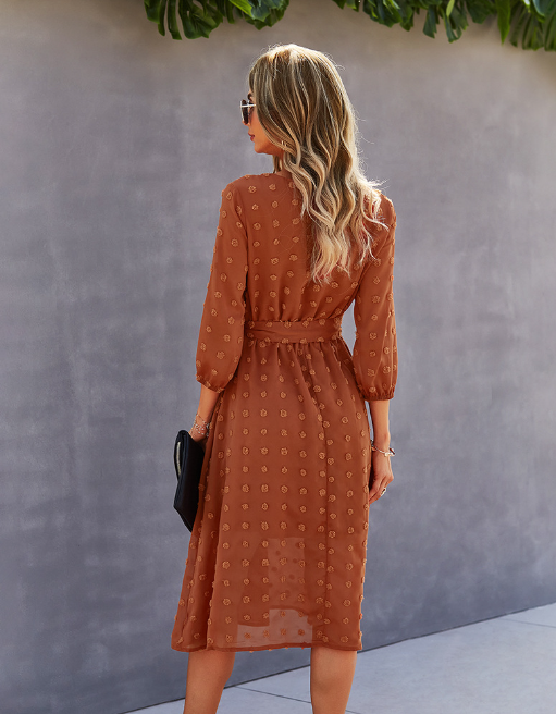 Elegant Half Sleeve Women's Casual V-neck Midi Dress with Buttons