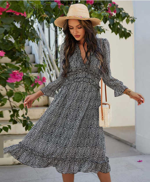 Spring V Neck Print Dress with Butterfly Sleeves and High Waist Ruffles in Chiffon Midi Length