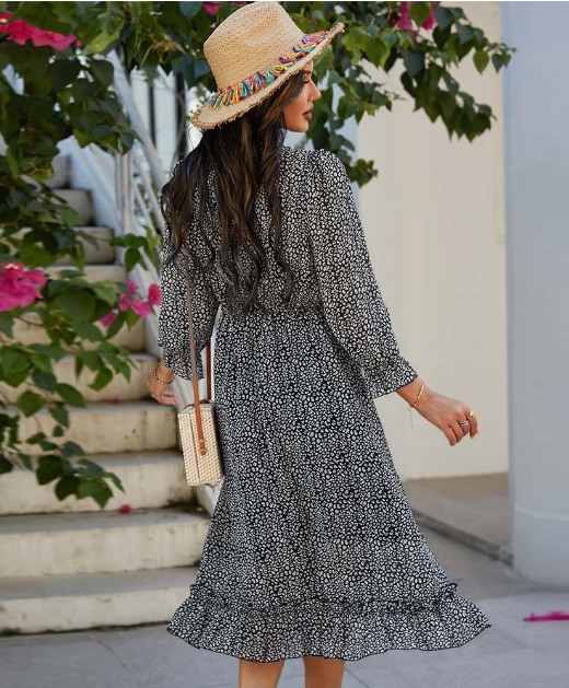 Spring V Neck Print Dress with Butterfly Sleeves and High Waist Ruffles in Chiffon Midi Length