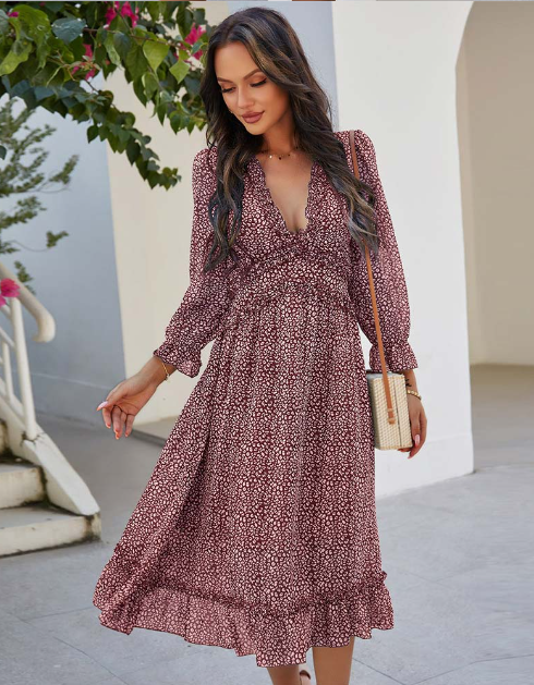 Spring V Neck Print Dress with Butterfly Sleeves and High Waist Ruffles in Chiffon Midi Length