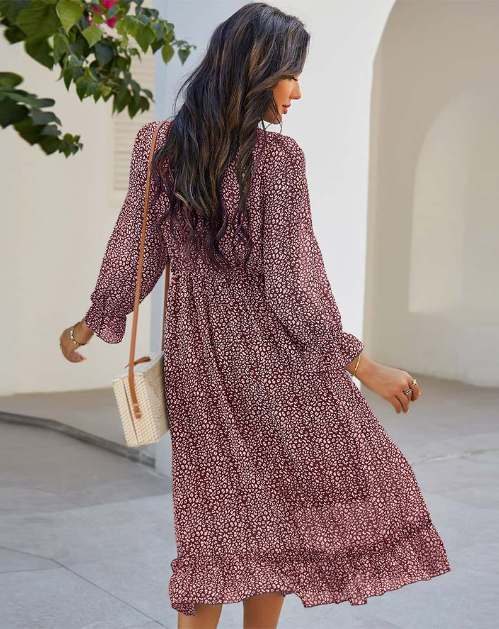 Spring V Neck Print Dress with Butterfly Sleeves and High Waist Ruffles in Chiffon Midi Length