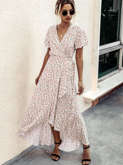 Pink Polka Dot V-Neck Ruffle Short-Sleeved Beach Vacation Summer Dress