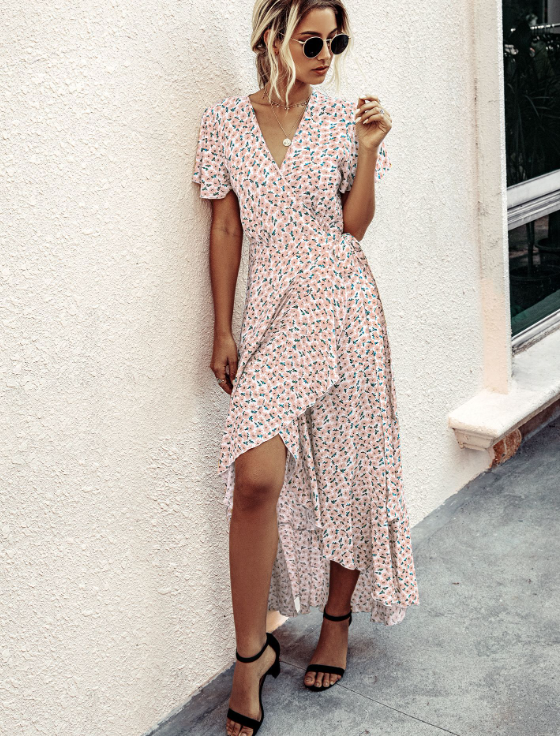 Pink Polka Dot V-Neck Ruffle Short-Sleeved Beach Vacation Summer Dress
