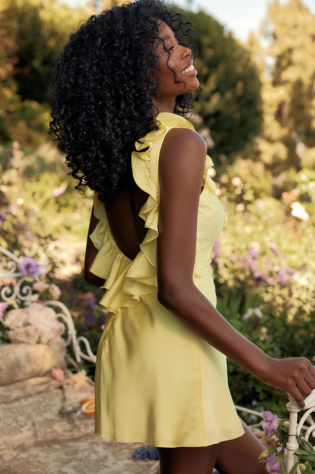 Deep V Open Back Ruffle Trim Satin Mini Dress