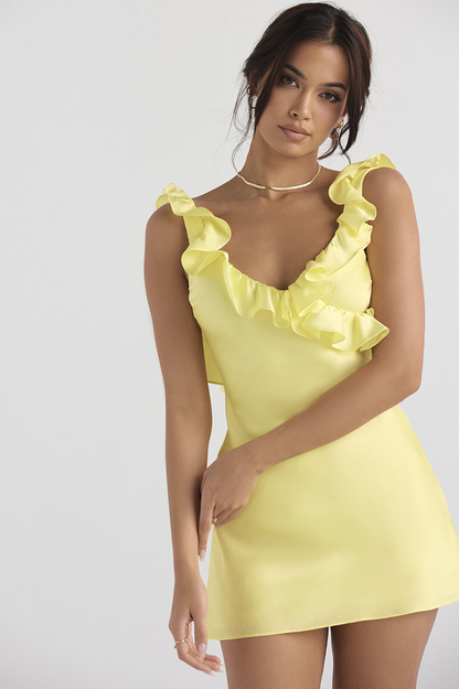 Deep V Open Back Ruffle Trim Satin Mini Dress