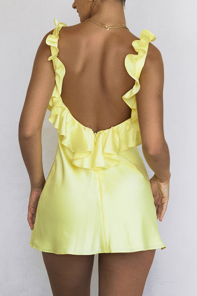 Deep V Open Back Ruffle Trim Satin Mini Dress