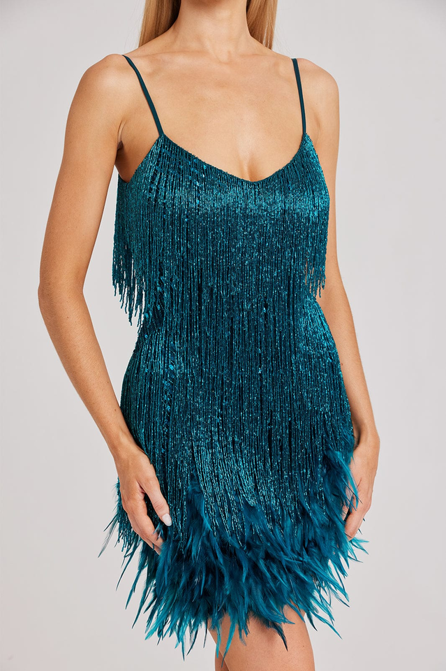 V Neck Fringe Bodice Sequin Feather Hem Spaghetti Strap Mini Dress