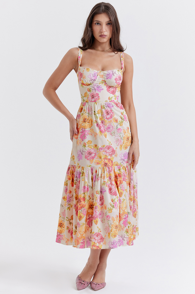 Sweetheart Bustier Wide Strap Floral Tiered Ruffle Midi Dress