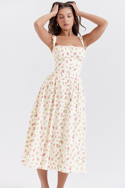 Ditsy Floral Print Square Neck Ruffle Trim Button-Front Bustier Midi Dress
