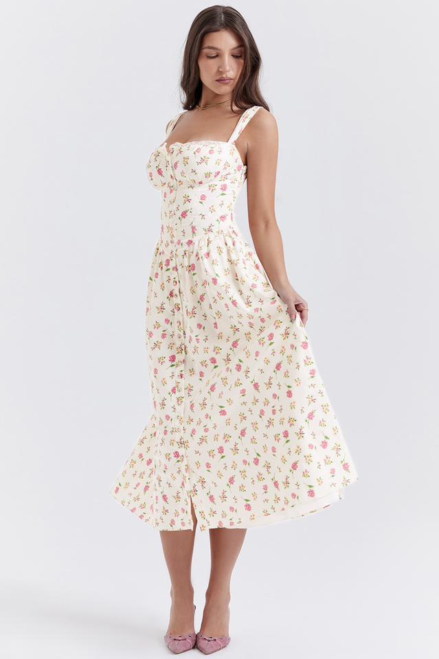 Ditsy Floral Print Square Neck Ruffle Trim Button-Front Bustier Midi Dress