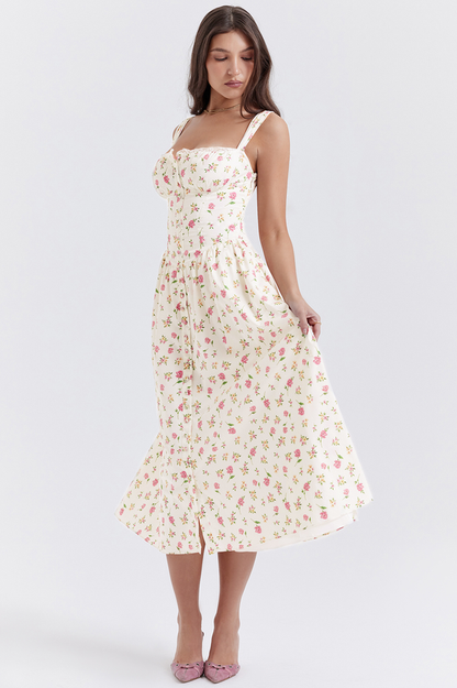 Ditsy Floral Print Square Neck Ruffle Trim Button-Front Bustier Midi Dress