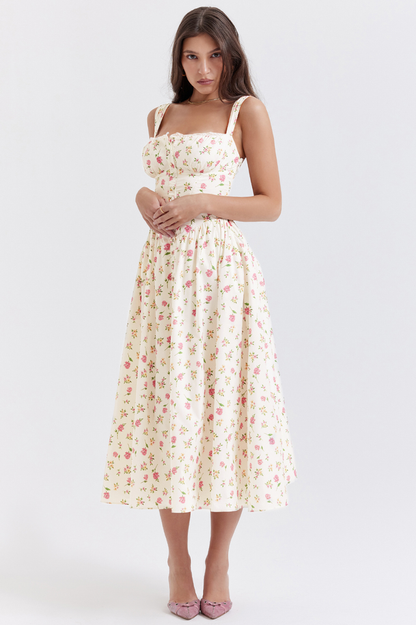 Square Neck Wide Strap Floral Print Button Front Ruched Bodice Midi Dress