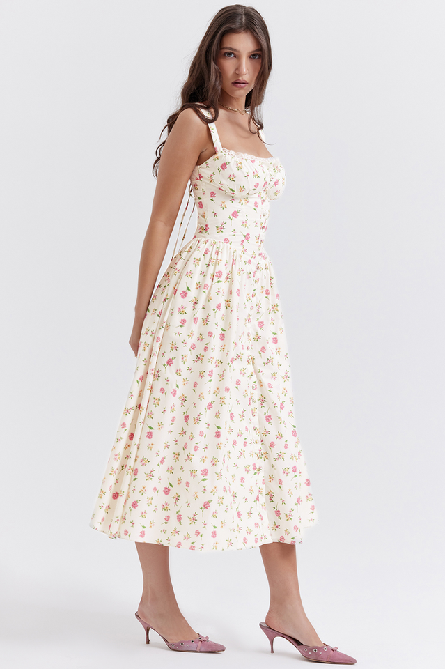 Ditsy Floral Print Square Neck Ruffle Trim Button-Front Bustier Midi Dress