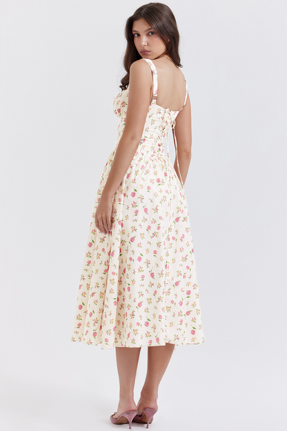 Square Neck Wide Strap Floral Print Button Front Ruched Bodice Midi Dress
