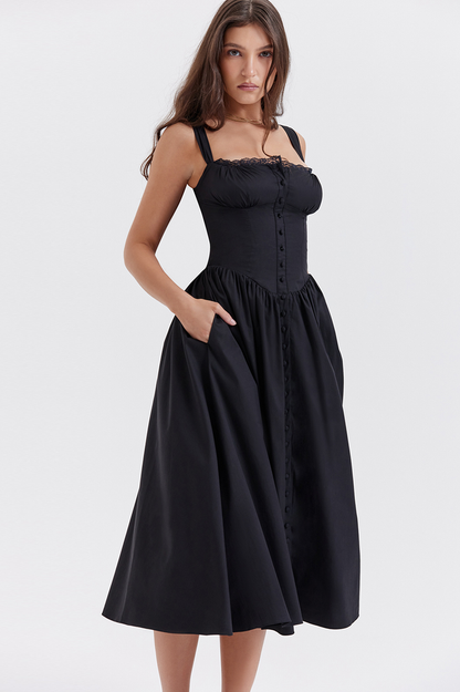 Square Neck Lace Trim Ruched Bust Button-Front Gathered A-Line Midi Dress
