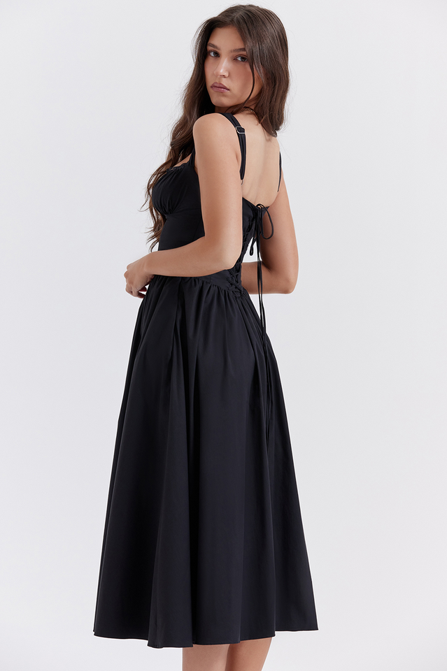 Square Neck Lace Trim Ruched Bust Button-Front Gathered A-Line Midi Dress