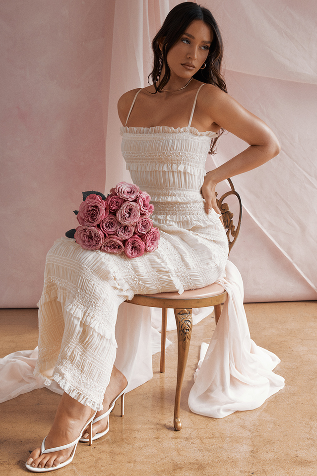 Square Neck Spaghetti Strap Smocked Tiered Ruffle Sequin Band Maxi Dress