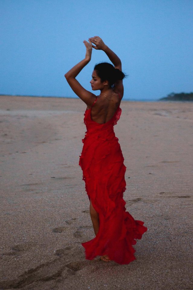Spaghetti Strap V-Neck Tiered Ruffle High Slit Maxi Dress