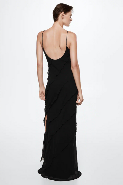 Spaghetti Strap V-Neck Tiered Ruffle High Slit Maxi Dress