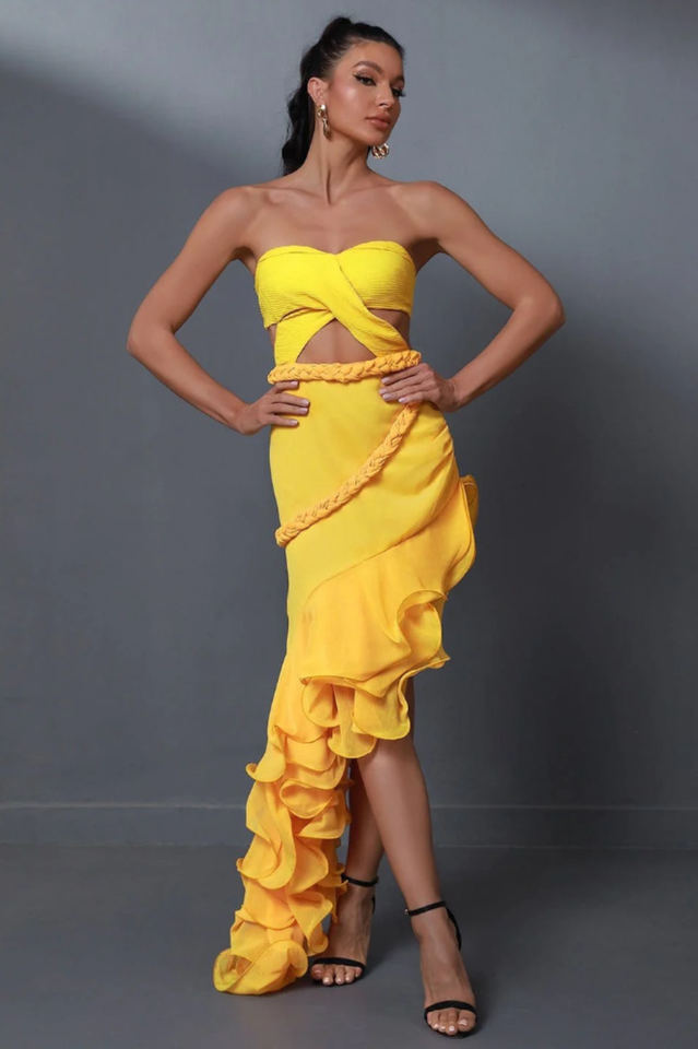 Fleur Yellow Stylish Strapless Cutout Gown
