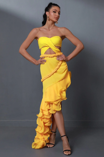 Fleur Yellow Stylish Strapless Cutout Gown