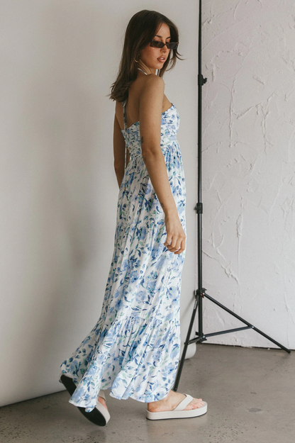 Floral Print Halter Deep V-Neck Tiered Ruffle Maxi Dress