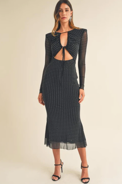 Polka Dot Mesh Long Sleeve Cut Out Ruched Fluted Hem Midi Dress