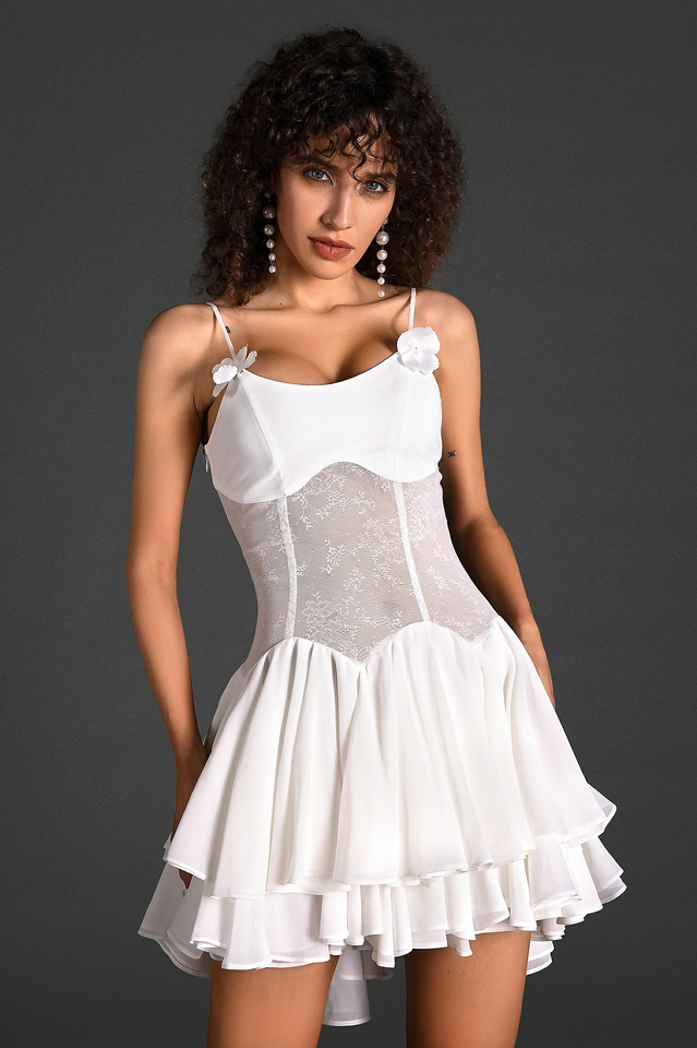 Ganili Spaghetti Sheer Charming Ruffle Mini Dress