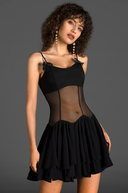 Ganili Spaghetti Sheer Charming Ruffle Mini Dress