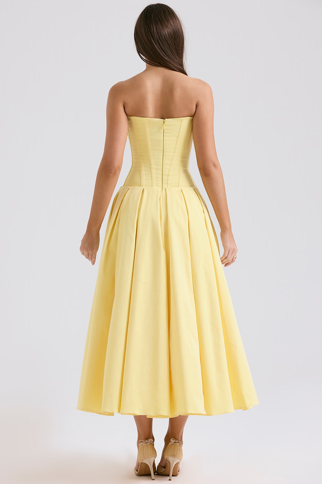 Strapless Deep Plunge Corset Boned Pleated A-Line Midi Dress