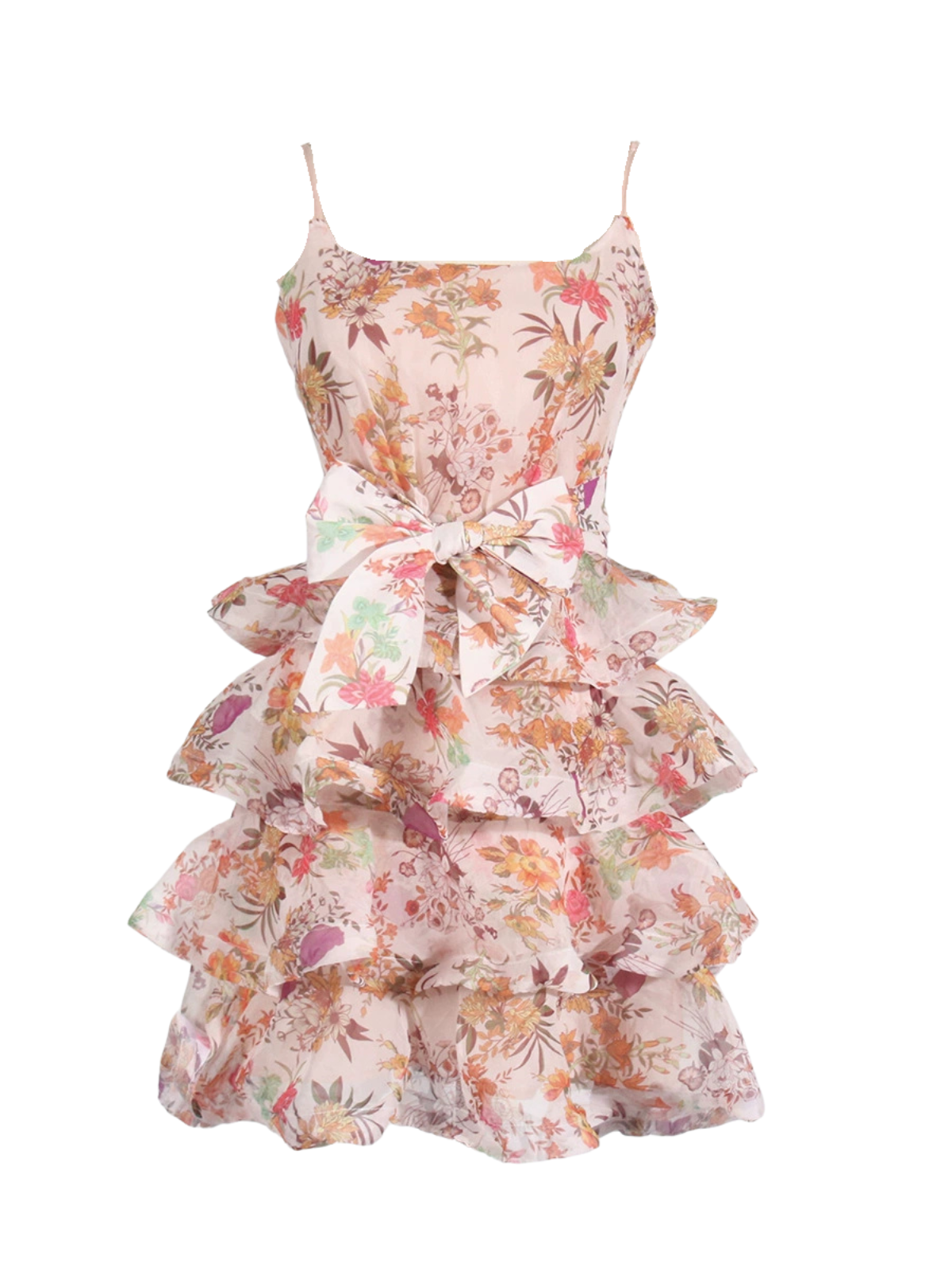 Spaghetti Strap Square Neck Bow Tie Tiered Ruffle Floral Mini Dress