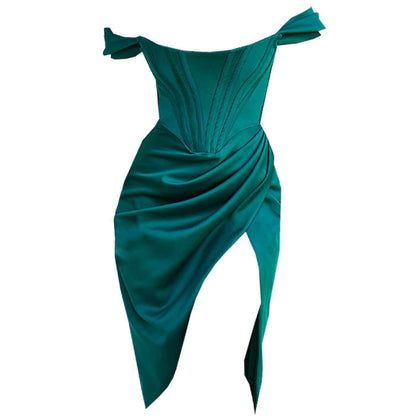 Off Shoulder Corset Ribbed Drape Wrap Tulip Hem Bodycon Midi Dress