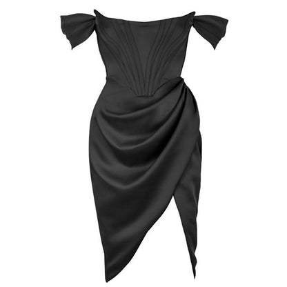 Off Shoulder Corset Ribbed Drape Wrap Tulip Hem Bodycon Midi Dress