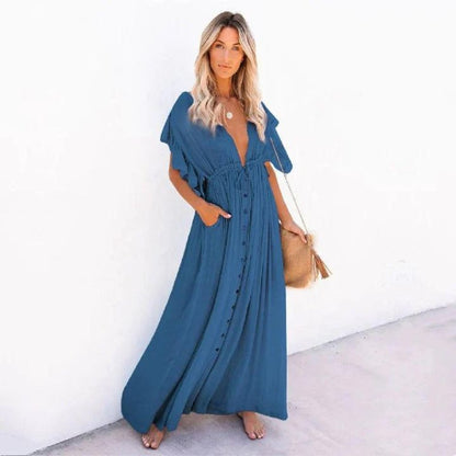 Flutter Sleeve Deep V Button Front Pocket Maxi Dress